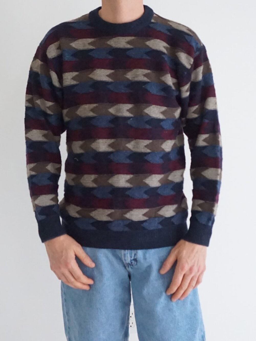 Vintage Modango Navy Burgundy Geometric Abstract Knit Sweater Made In Canada S/M
